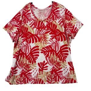 Coral Bay T-Shirt Size 3X Red Tan Tropical Fern Print Stretch‎ Knit Top Cotton